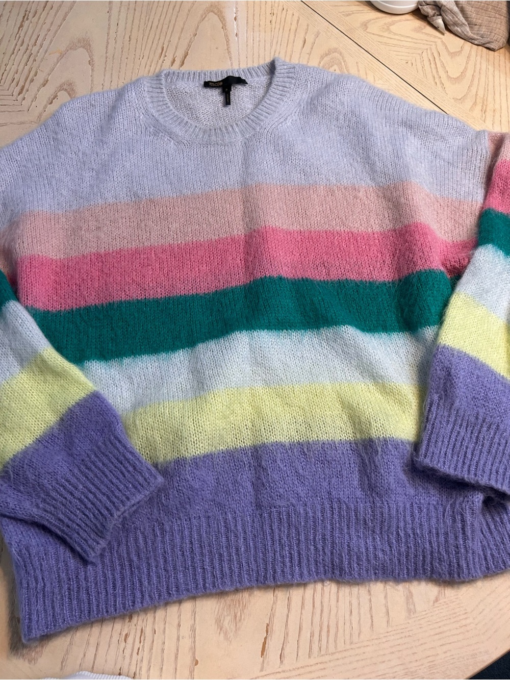 Maje Pastel Rainbow Striped Crewneck Sweater - Lavender, Pink, Teal, Yellow